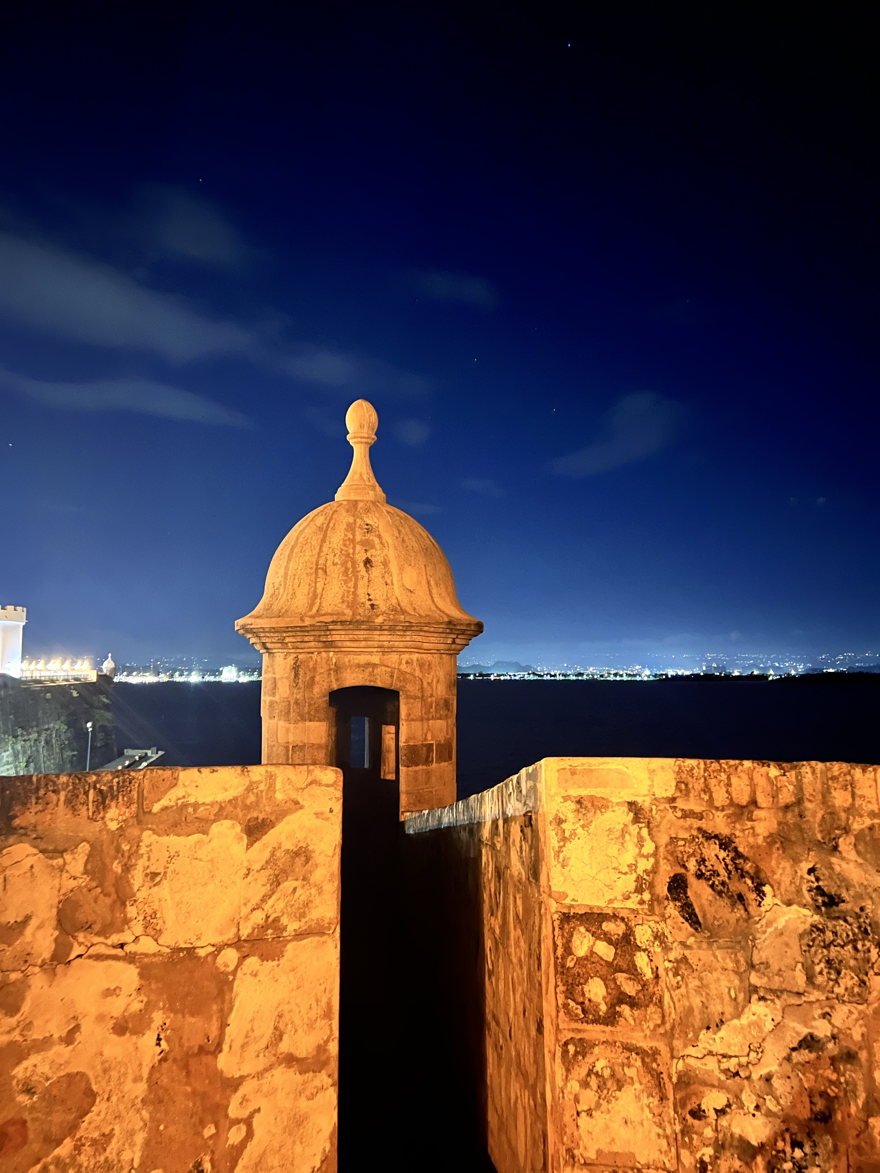 Garita at Old San Juan, Puerto Rico, illuminated under a night sky.